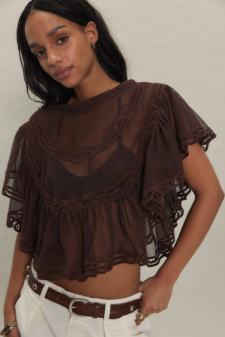 Damen Elegante Häkelbluse mit voluminösen Rüschendetails und transparentem Stoff Skjora
