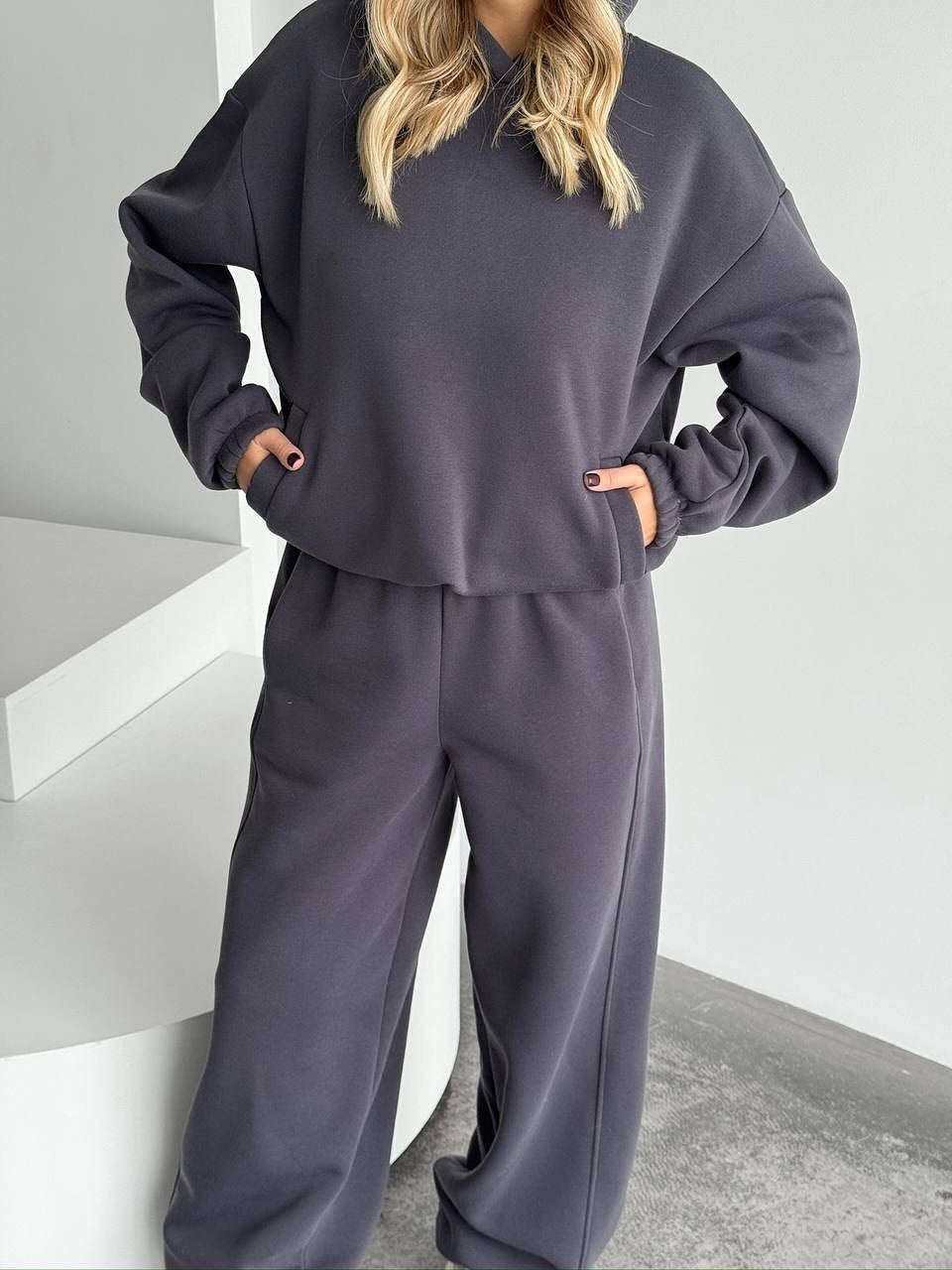 Kvinne myk fleece hettegensere og løse joggebukse sett Skjora