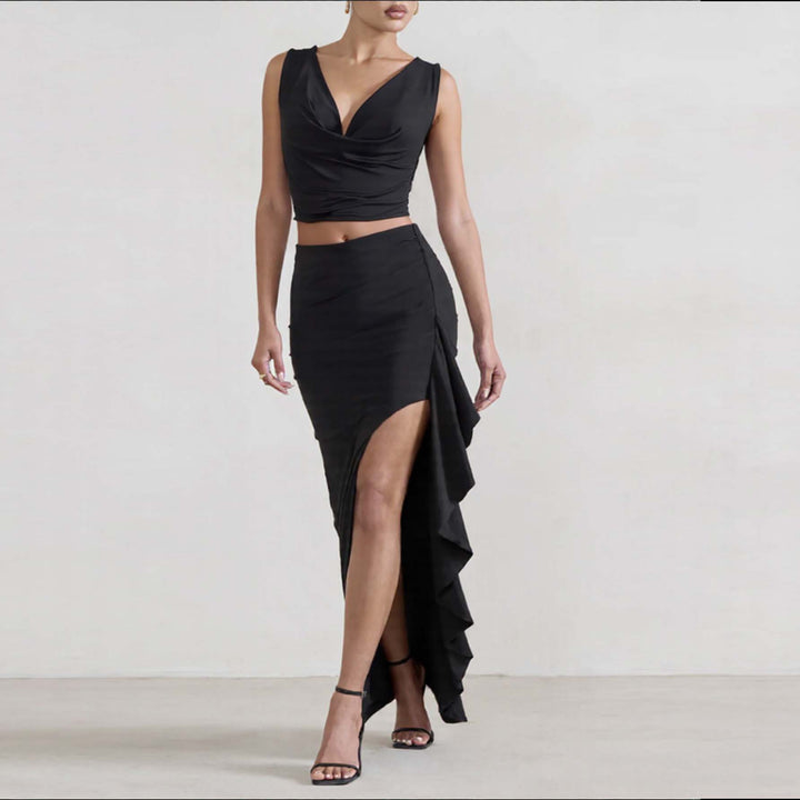 Women's Elegant Crop Top and Maxi Skirt Set with High Slit Skirt