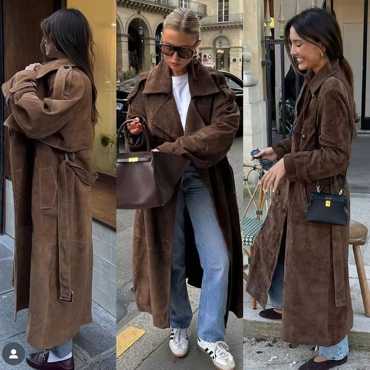 Kvinnes Elegant Suede Trench Coat med Praktiske Lommer og Livbelte Skjora