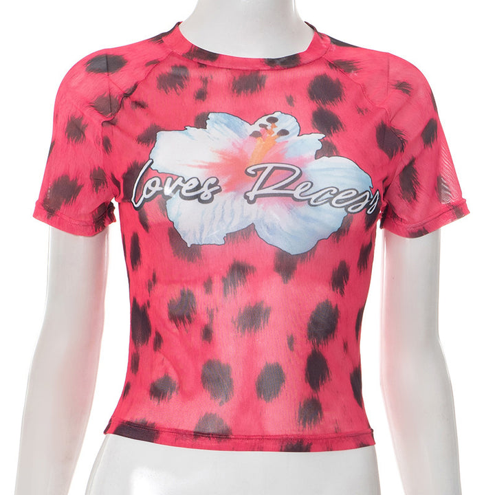 Dame fashionable Crop-Topp med blomstertrykk og trendy leopardmønster Skjora