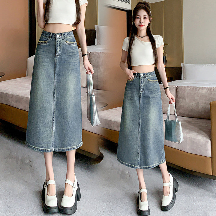 Kvinnenes denim midi skjørt med flagrende kant Skjora