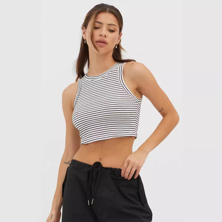 Dame cropped Tanktop med fashionable stripe mønster og høy krage Skjora