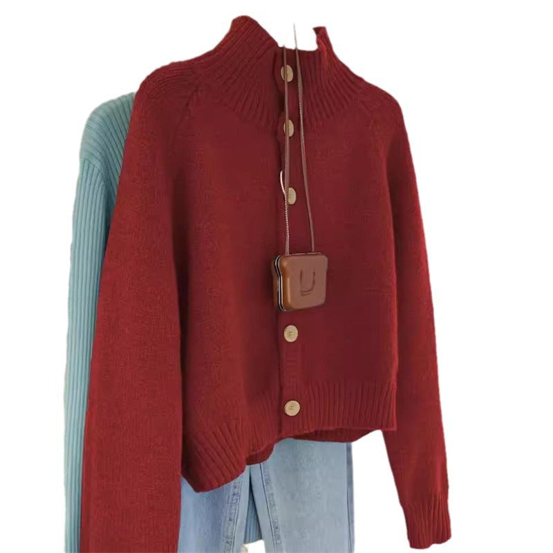 Dame cardigan med høy krave og store treknapper Skjora