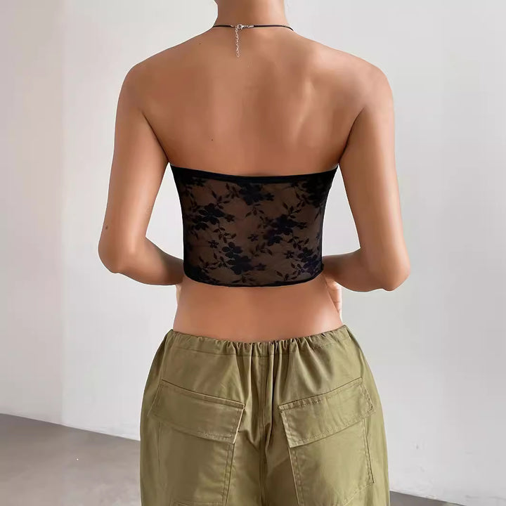 Dame gjennomsiktig Crop-Top med florale detaljer Skjora