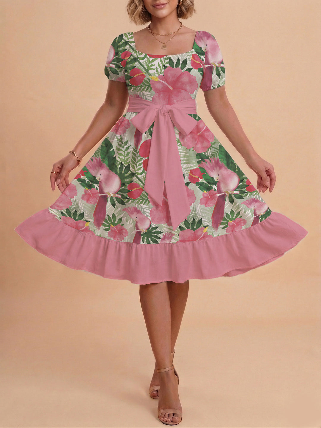 Damen Sommerkleid mit floralem Puffärmel und taillierbarem Gürtel Skjora