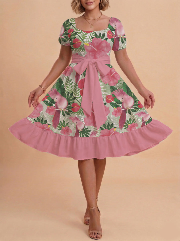 Damen Sommerkleid mit floralem Puffärmel und taillierbarem Gürtel Skjora