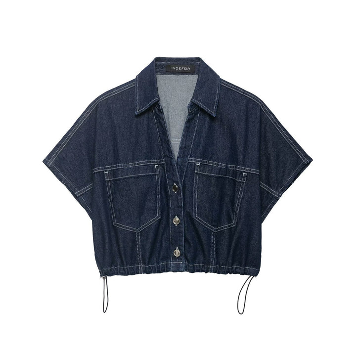 Dame Oversize Denim-bluse med praktiske lommer og elastisk kant Skjora