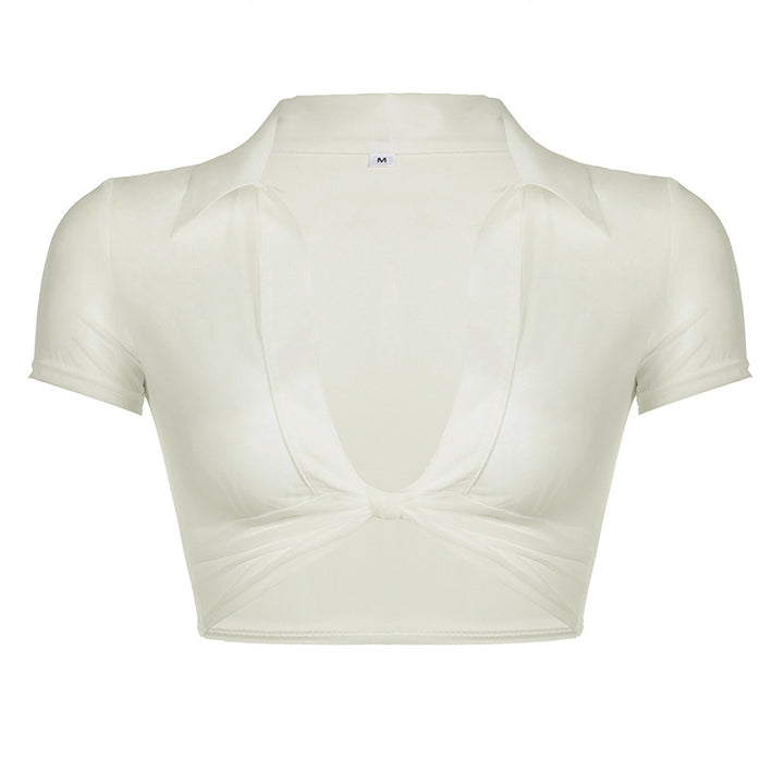Damer Moderne cropped Bluse med dyp V-hals og leken knute Skjora