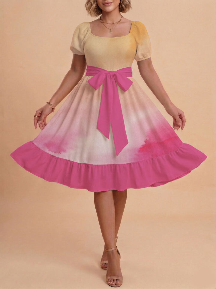 Damen Retro Maxikleid mit Puffärmeln und Taillengürtel Skjora