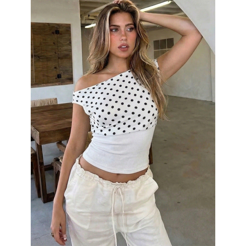 Dame Off-Shoulder Polka-Prikket Top med elastisk belte Skjora