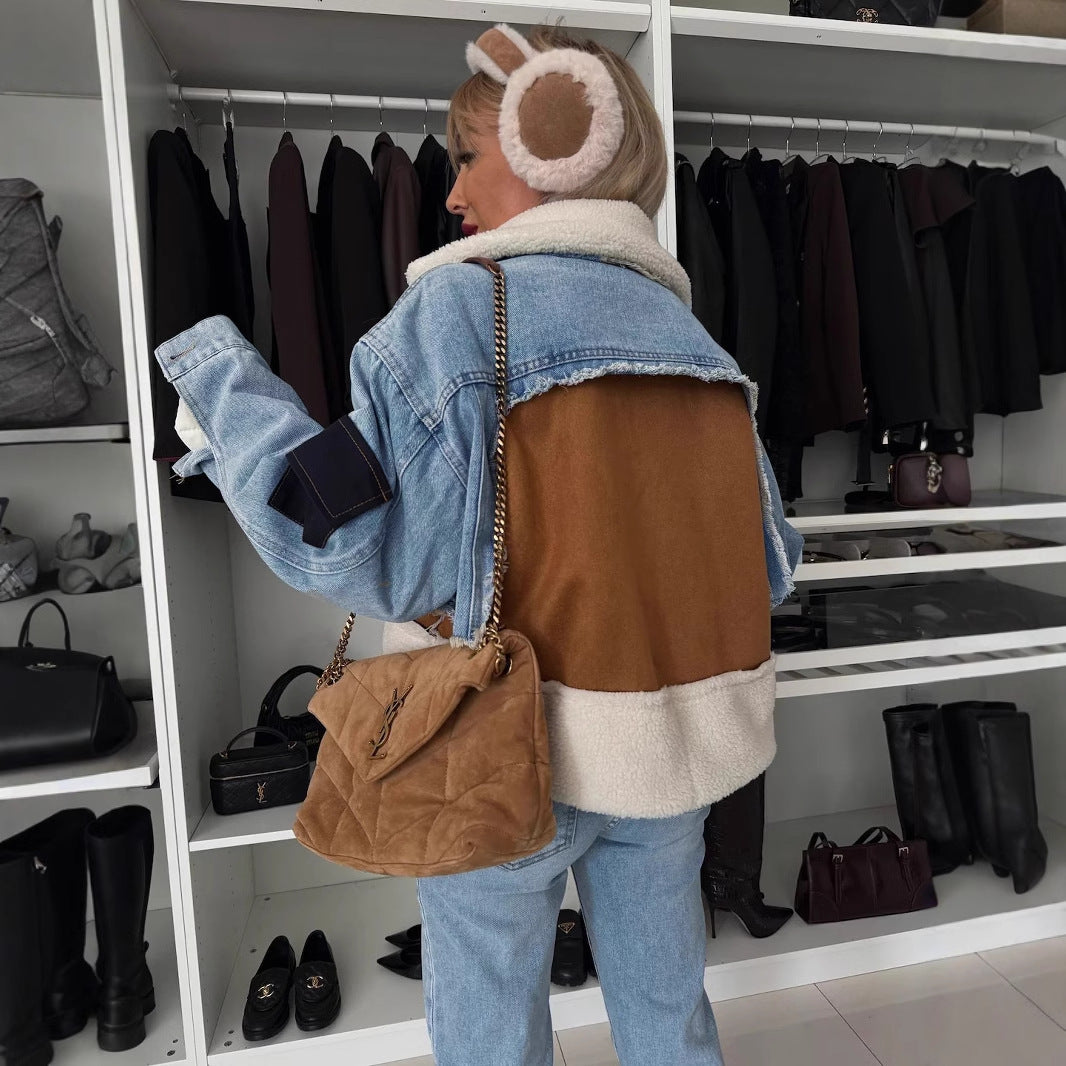 Kvinne casual polstret denimjakke med fargekombinasjoner Skjora