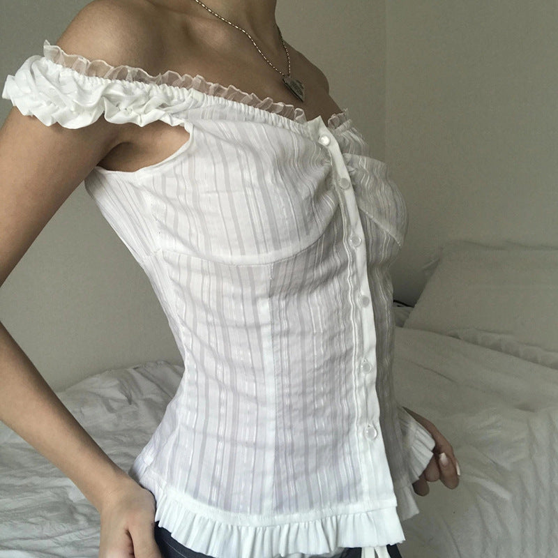 Dame Off-Shoulder Bluse med bølget kant Skjora