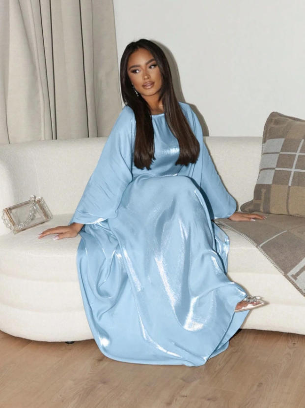Damer Glamorous Satin Maxi Kjole med Bred Belte og Elegante Ermer Skjora