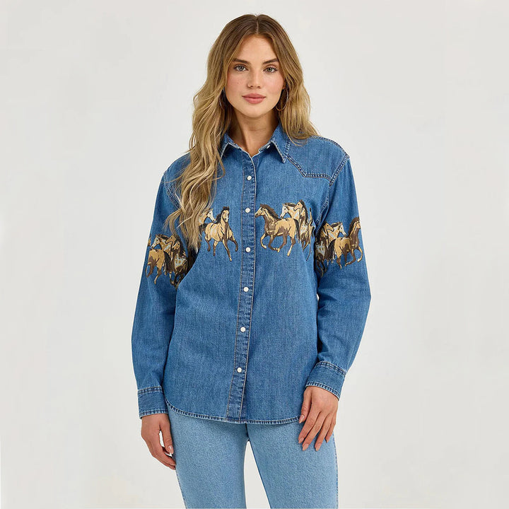 Dames denim skjorte med kreativ hestedesign og høy kvalitet bomullsblanding Skjora