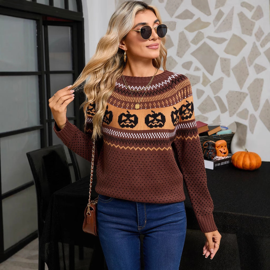 Kvinnes strikkegenser med Halloween-motiv og fin strikketekstur Skjora
