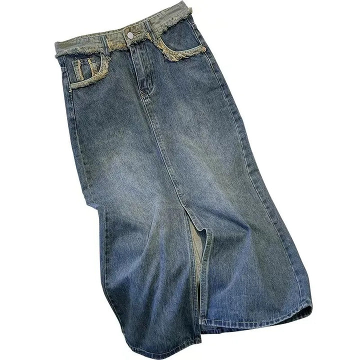 Kvinne Stilig Denim Midi Skjørt med Frontsplitt Skjora