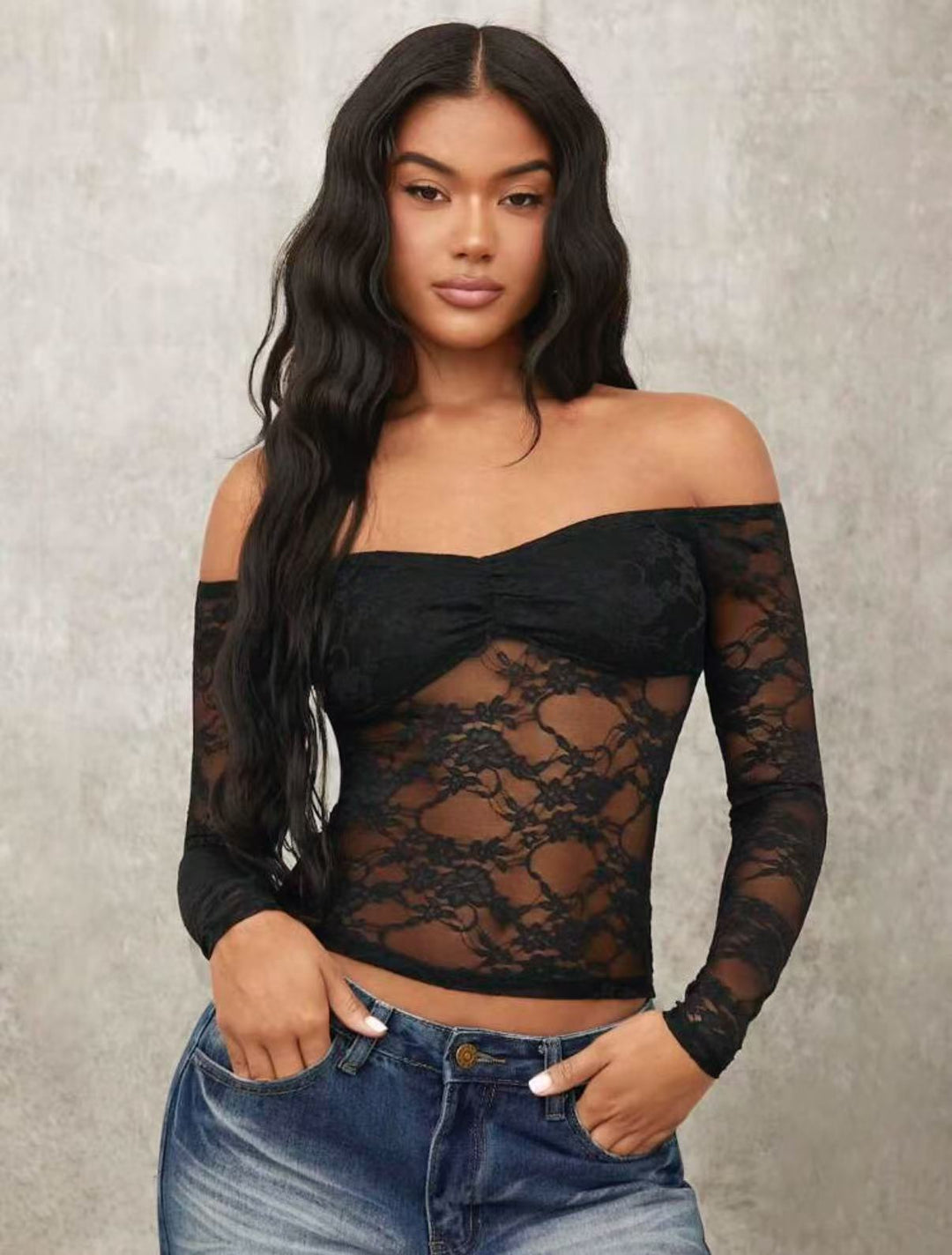 Dame Off-Shoulder Spissen topp med lange ermer og romantiske detaljer Skjora
