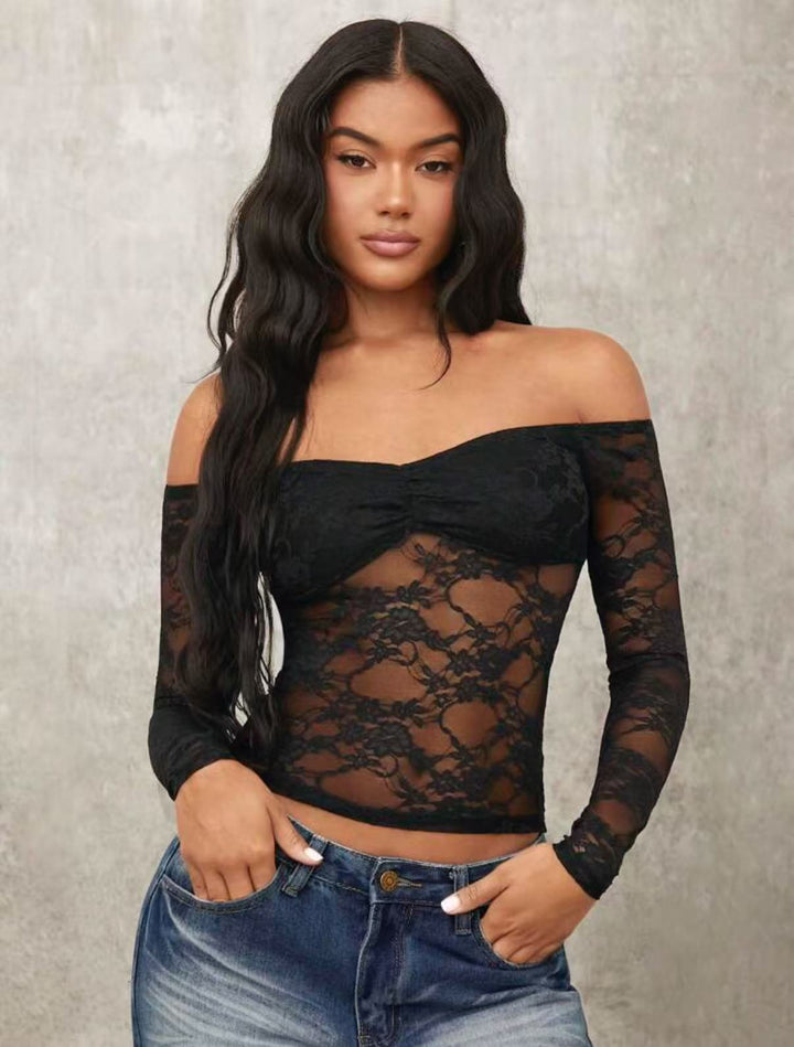 Dame Off-Shoulder Spissen topp med lange ermer og romantiske detaljer Skjora