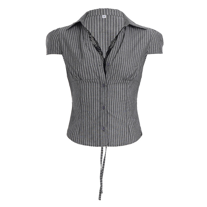 Dame elegant bluse skjorte med raffinerte spissdetaljer og moteriktig striper mønster Skjora