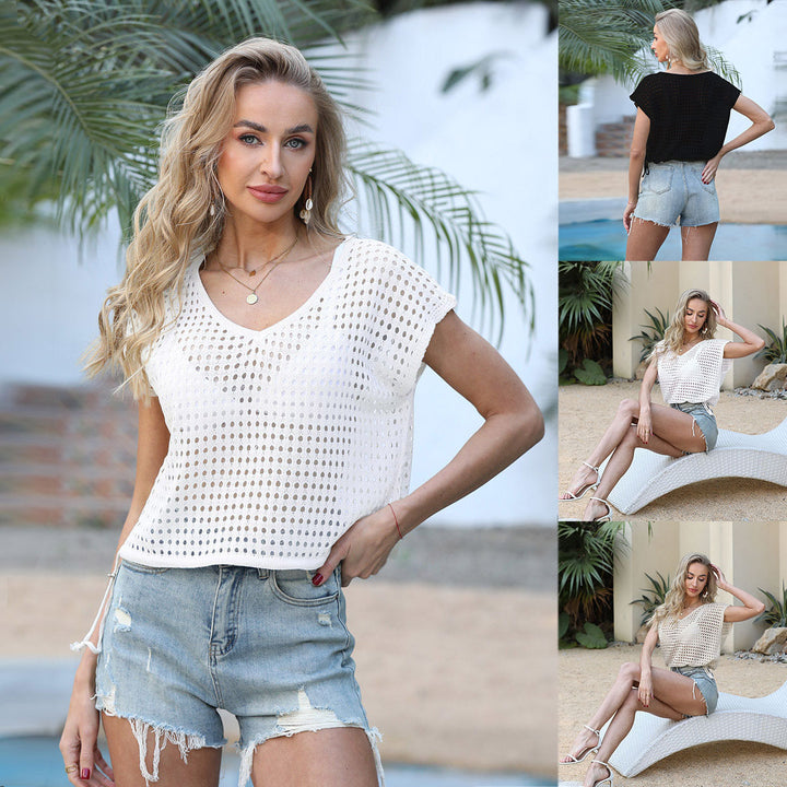 Dame luftig heklebluse med elegant V-hals og snorstramning Skjora