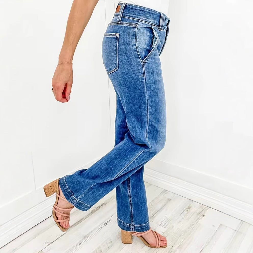 Kvinnelige vide ben jeans med høy midje og elegant sømdesign