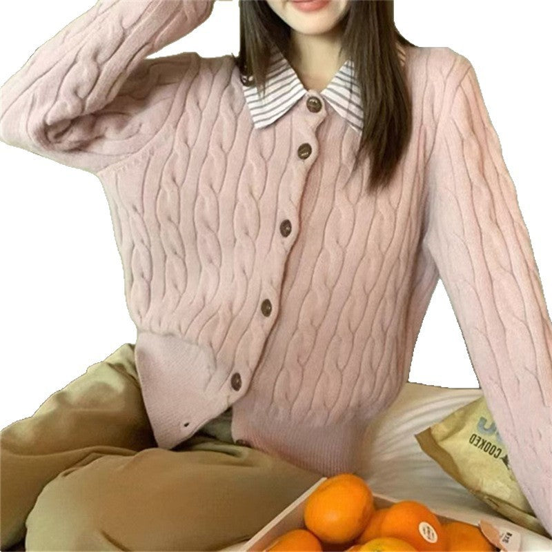 Dame cardigan med strukturert mønster og klassisk skjortekrage Skjora