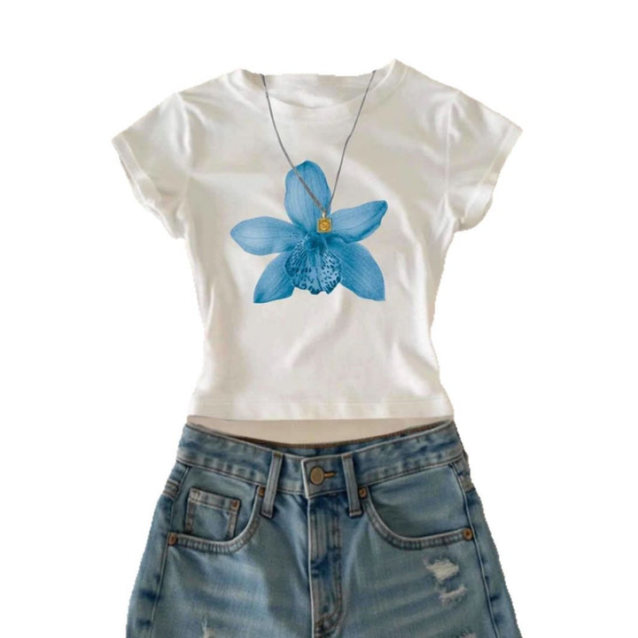 Dame Crop-T-skjorte med blomstertrykk og avslappet snitt Skjora