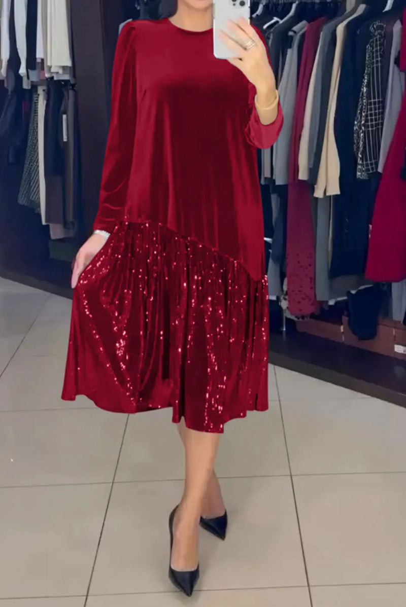 Kvinnelig elegant festkjole med glitrende skjørt og myk topp Skjora
