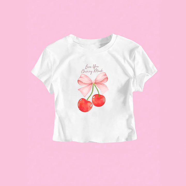 Dame Crop-Top med glatt kirsebærmotiv og sløyfeprint Skjora