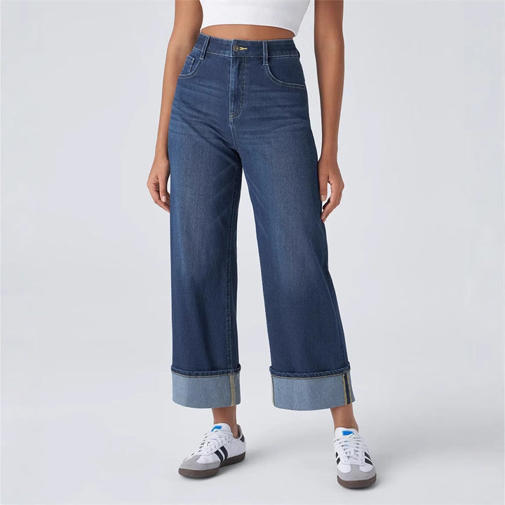 Kvinne brede jeans med høy midje og oppbrettet kant