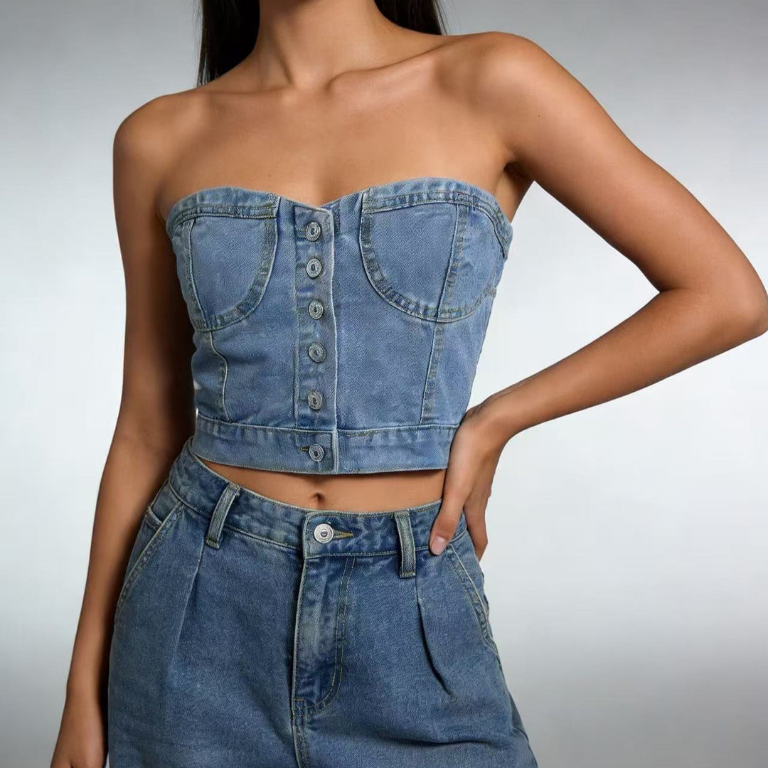 Dame Denim Bustier-top med knappedetaljer og innsnittet snitt Skjora