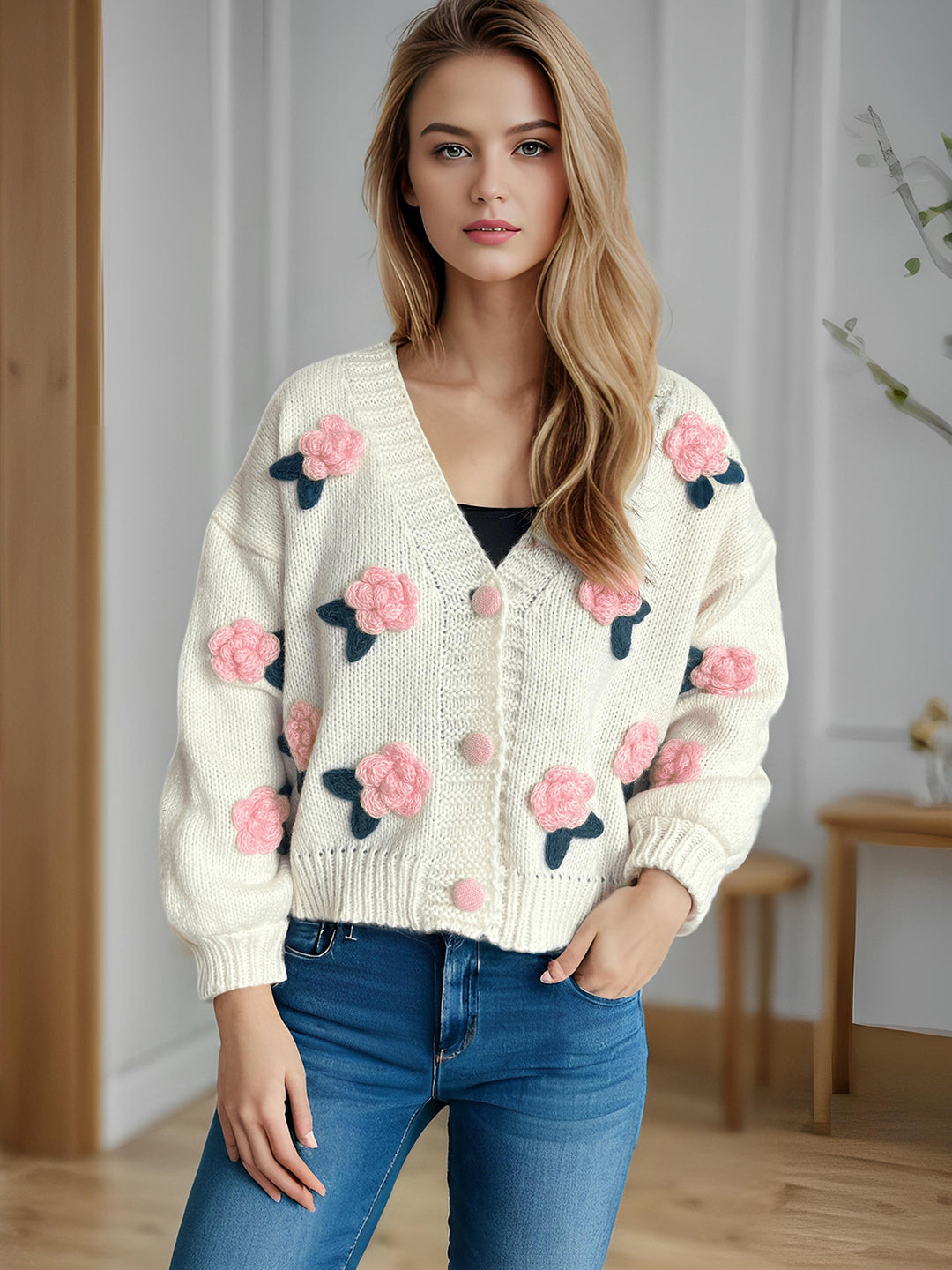 Dames kosete cardigan med blomster 3D-design og store knapper Skjora