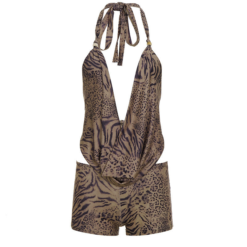 Dame elegant jumpsuit med dyp V-utskjæring og leken dyreprint Skjora