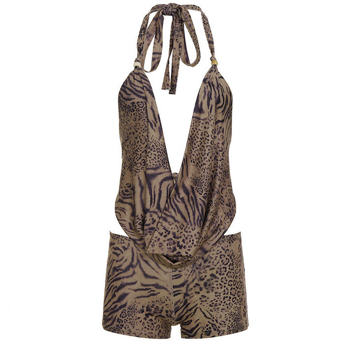 Dame elegant jumpsuit med dyp V-utskjæring og leken dyreprint Skjora