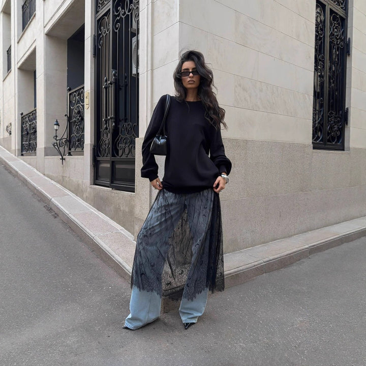 Kvinnes Casual Oversized Genser med Elegante Volanger og Motetransparent Skjora