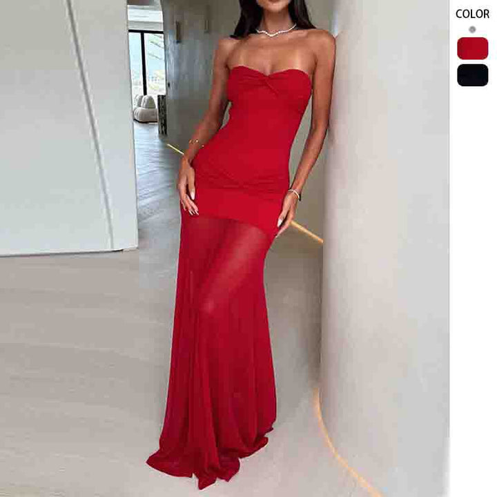 Kvinne Elegant Maxi Kjole med Rynket Bodice og Flytende Skjørt Skjora