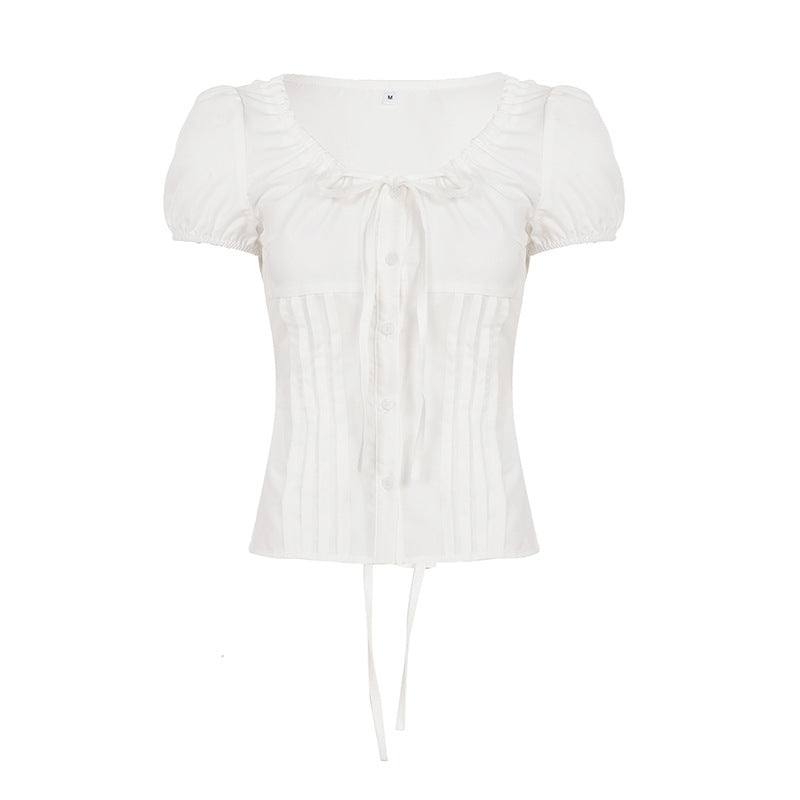 Dame elegant bluse med volangdetaljer og knappelukking Skjora