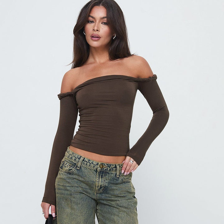 Damer Offshoulder Langerm T-skjorte med elegante Draperinger Skjora