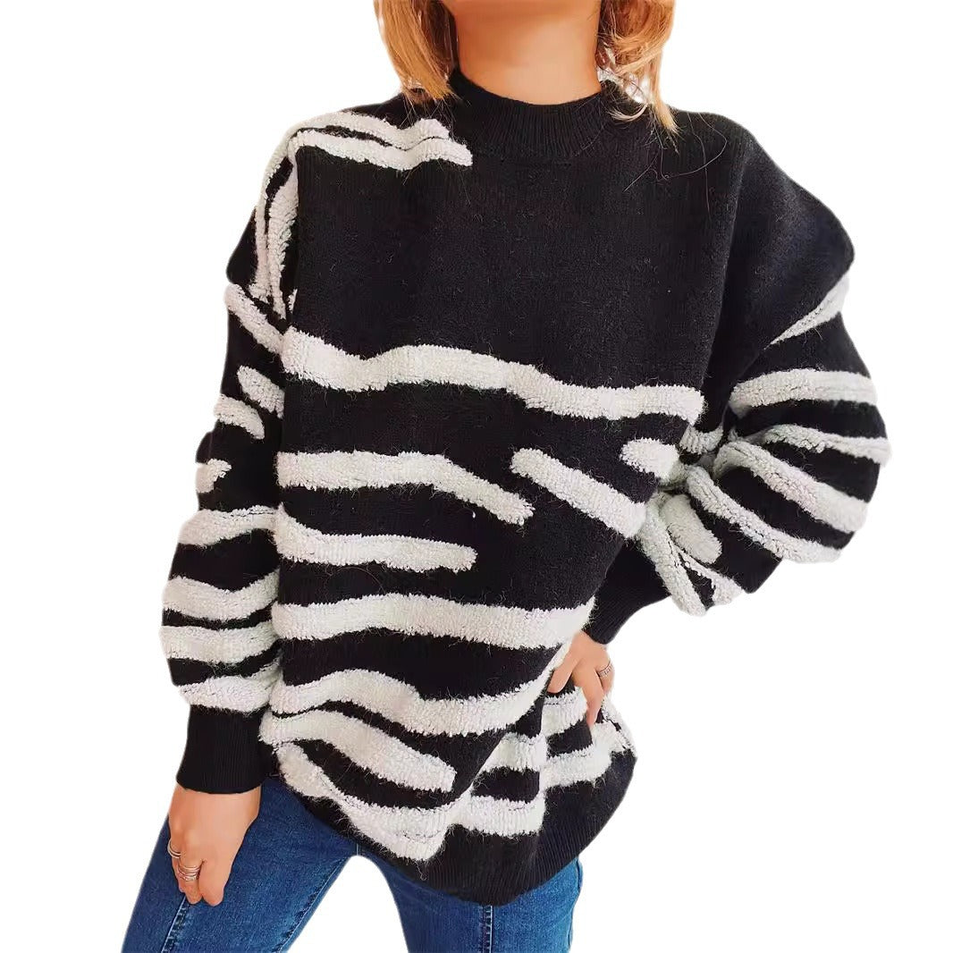 Damer koselig strikket genser med tiltalende zebra stripemønster Skjora