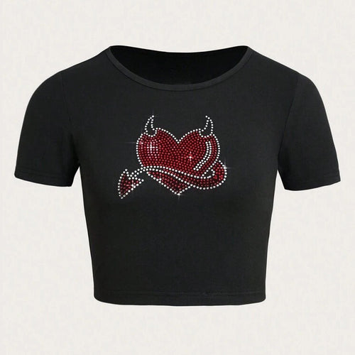 Dame Cropped T-skjorte med kreativt skjelettdesign Skjora