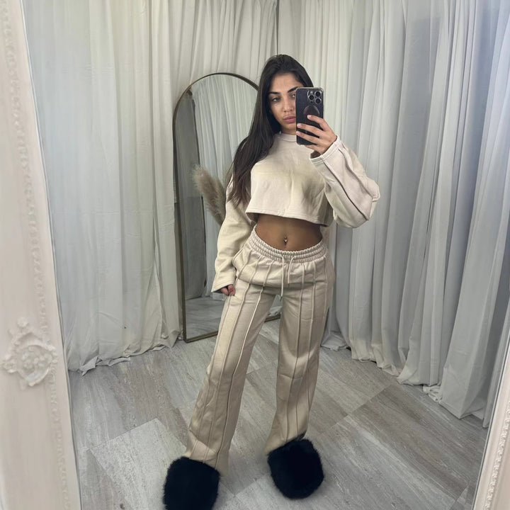 Dame Casual Crop Hoodie og Vid Joggebukse Sett Skjora