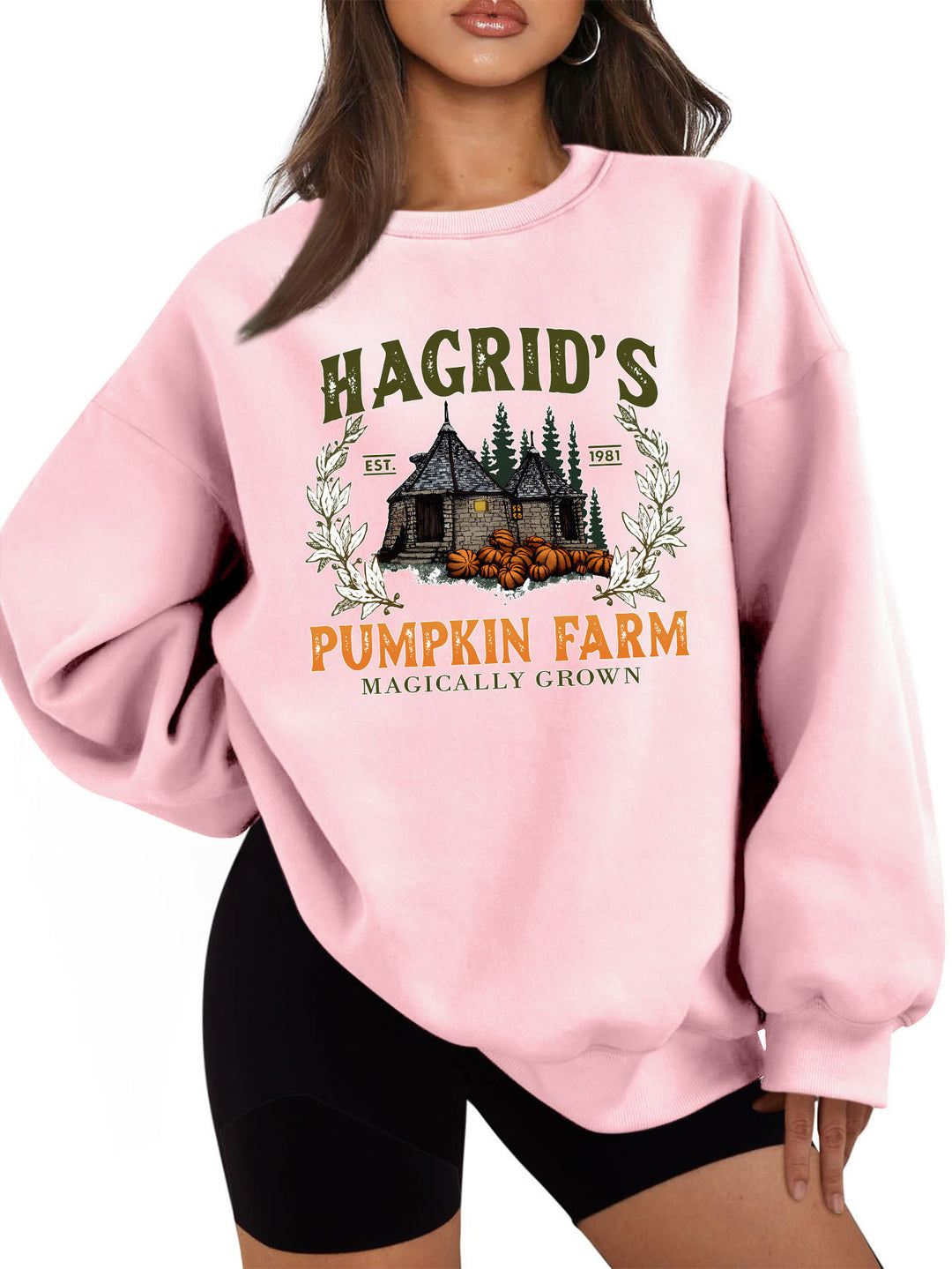 Kvinnes sweatshirts med koselig rund hals og høstgresskarmotiv Skjora