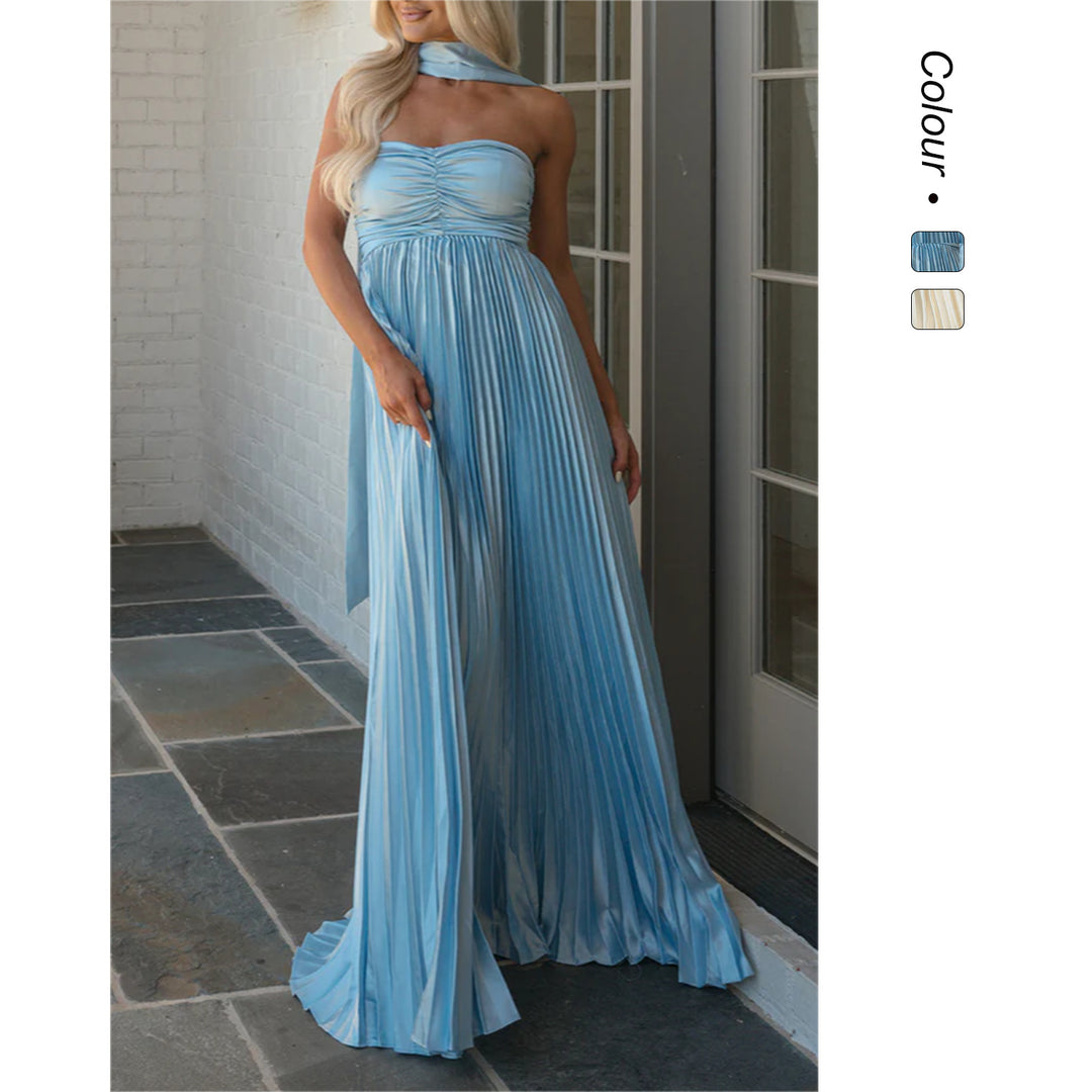 Kvindernes langærmede maxi kjole med elegant plisseret nederdel og off-shoulder silhuet