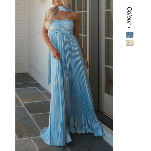 Kvindernes langærmede maxi kjole med elegant plisseret nederdel og off-shoulder silhuet