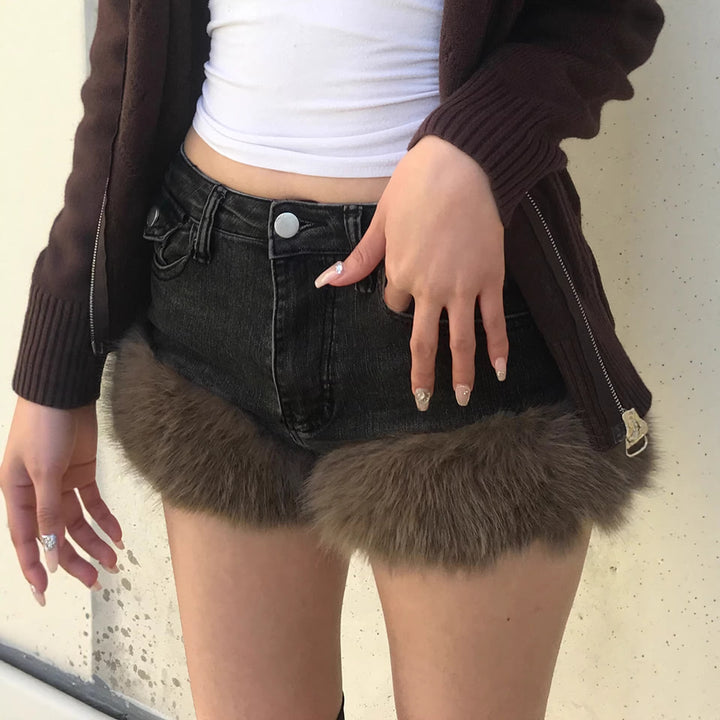 Dame Jeansshorts med luksuriøs kunstpelskant Skjora