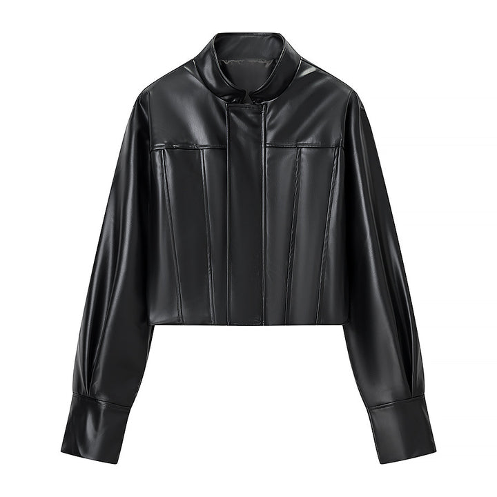Kvinnes stilige faux skinnjakke med elegant stående krage og teksturert design Skjora