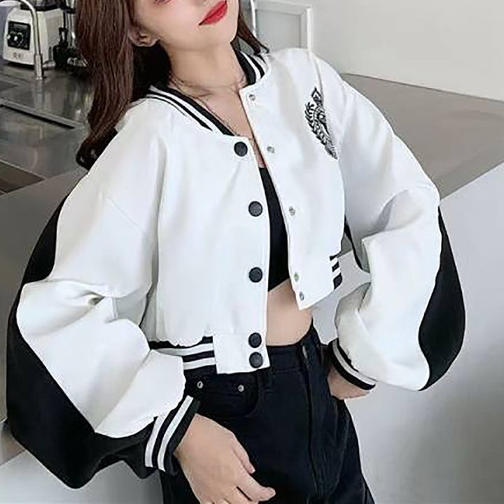 Dame casual collegejakke med brodert logo og kontrastfargede ermer