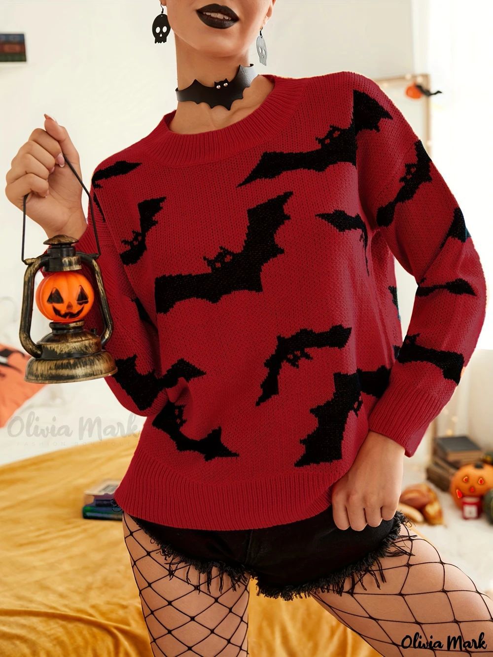 Dame Halloween genser med morsomt flaggermusmønster Skjora