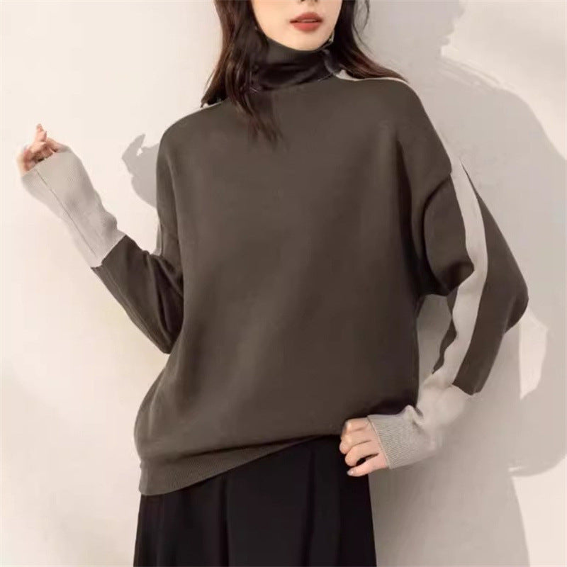 Kvinner Casual Turtleneck Genser med Kontrast Ermer Skjora